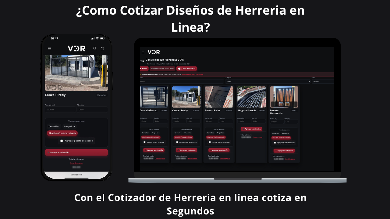 Cargar video: Cotizador De HerreríaVDR: cotiza canceles, portones y estructuras metálicas en líneaCon el Cotizador De Herrería VDR puedes estimar el precio de canceles de herreria, portones de herrería, puertas modernas de herrería, rejas de herrería modernas, ventanas en herrería y estructuras metálicas en MXN usando medidas reales y opciones diseños de herrería moderna (por ejemplo, tipo de apertura). El total estimado aparece tras el desbloqueo de la cotización.